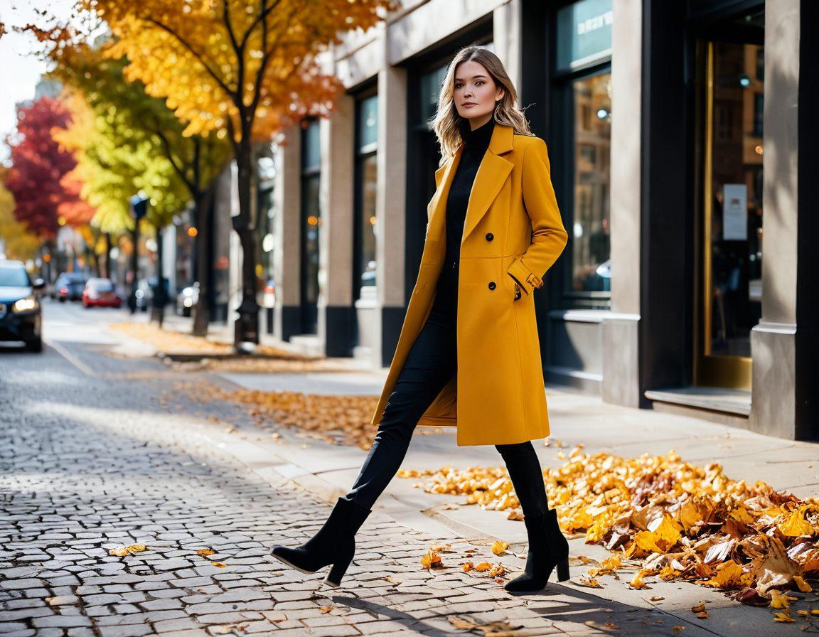A stylishly dressed model walking down a city street, showcasing a pair of trendy high fashion footwear that blends elegance and comfort. The background features high-end boutiques and urban architecture, with vibrant autumn leaves scattered on the ground. Incorporate a soft focus on the footwear to highlight its design while maintaining the urban atmosphere. super-realistic. vibrant colors. urban setting.